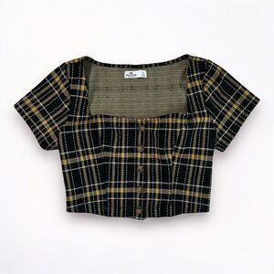 Hollister Yellow Black Plaid Short Sleeve Button Down Crop Top Shirt Size Small